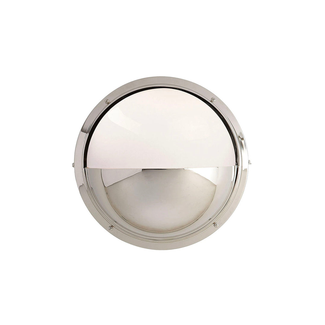 The Pelham Moon Light is a half sphere globe combining polished nickel with white glass.