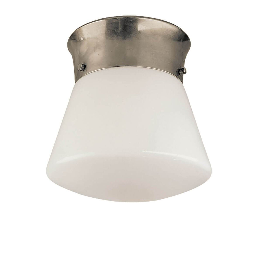 The Perry Flush Mount is a simple ceiling light with an antique nickel base and unique flare shaped white glass shade.