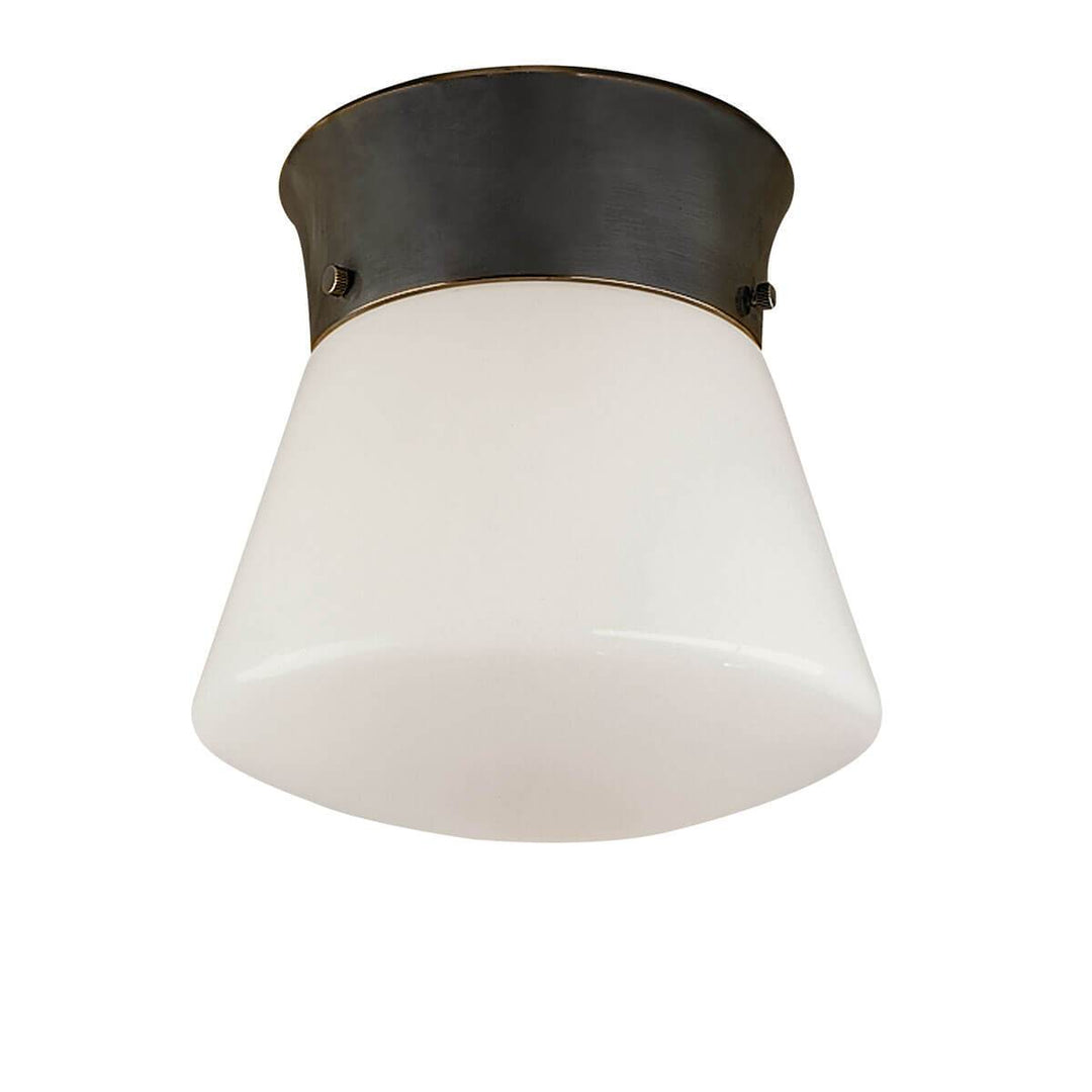 The Perry Flush Mount is a simple ceiling light with a bronze base and unique flare shaped white glass shade.