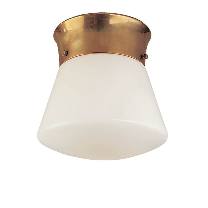 The Perry Flush Mount is a simple ceiling light with a hand rubbed antique brass base and unique flare shaped white glass shade.