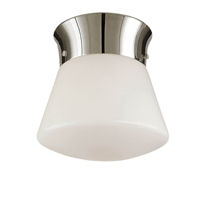 The Perry Flush Mount is a simple ceiling light with a polished nickel base and unique flare shaped white glass shade.