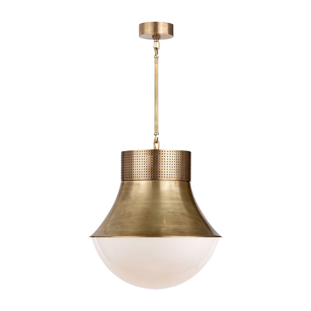 Large decorative pendant light with a modern silhouette and antique brass metal finish with white glass.