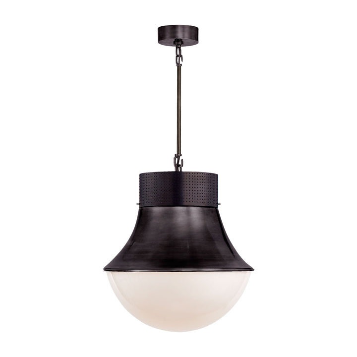 Large decorative pendant light with a modern silhouette and a bronze metal finish with white glass.