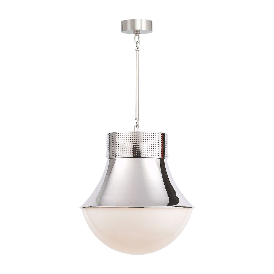 Large decorative pendant light with a modern silhouette and a polished nickel metal finish with white glass.