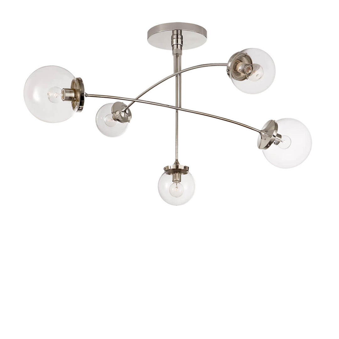 The Prescott Mobile Chandelier has 5 clear glass globe shaped shades and polished nickel rods in a solar system diorama shape.
