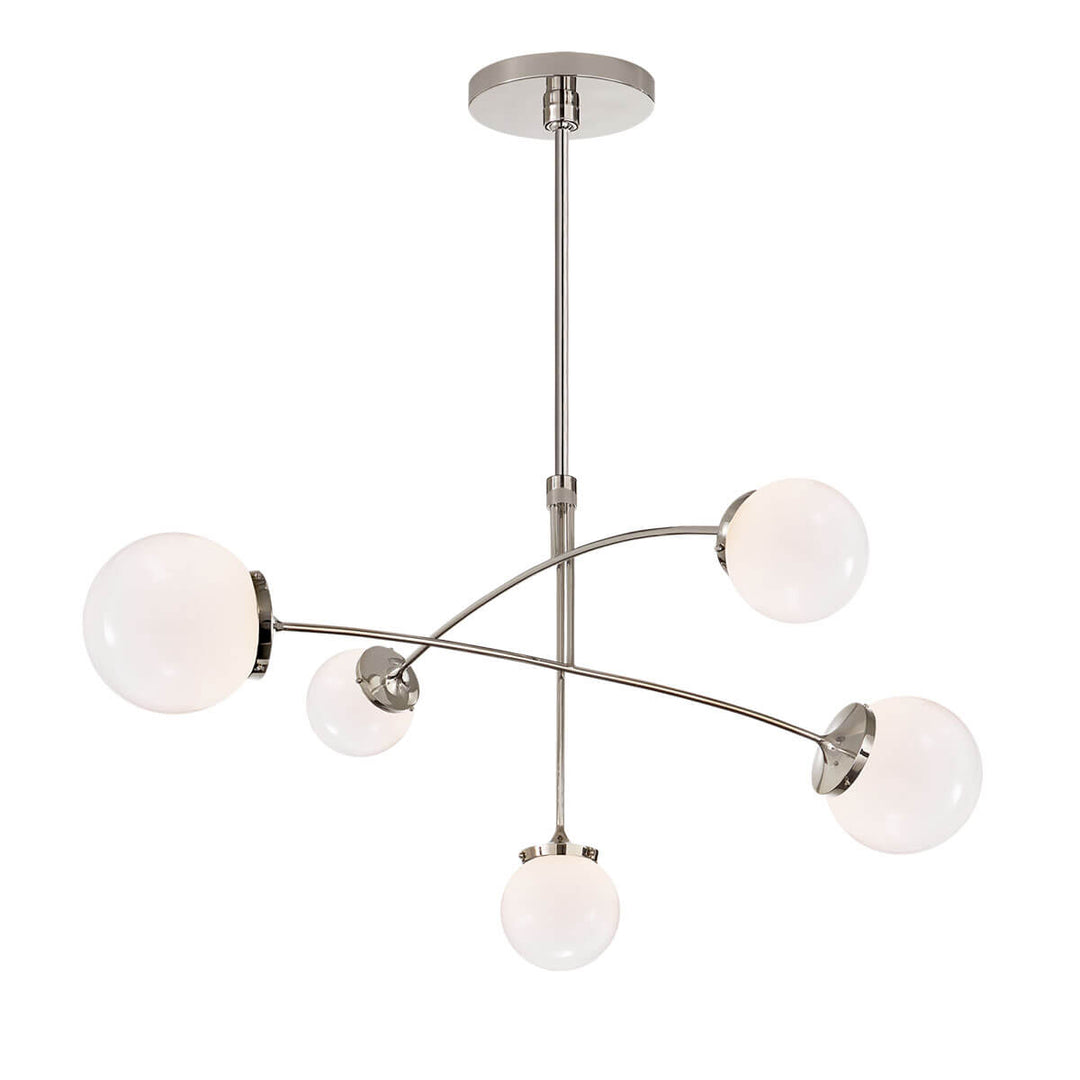 The Prescott Mobile Chandelier has 5 white glass globe shaped shades and polished nickel rods in a solar system diorama shape.