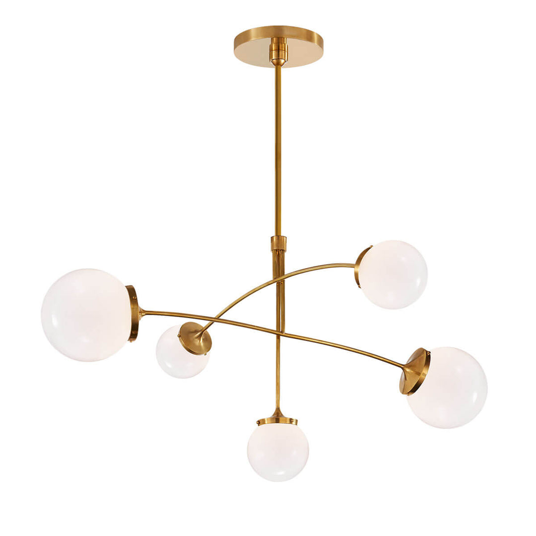 The Prescott Mobile Chandelier has 5 white glass globe shaped shades and soft brass rods in a solar system diorama shape.