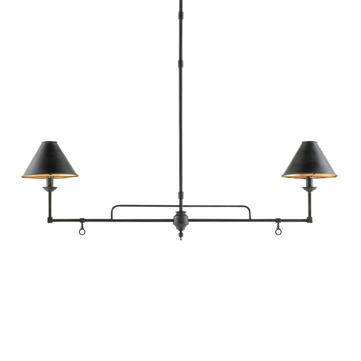 Modern oil lamp inspired chandelier with a rod hanger and small embellishments details on the black frame.