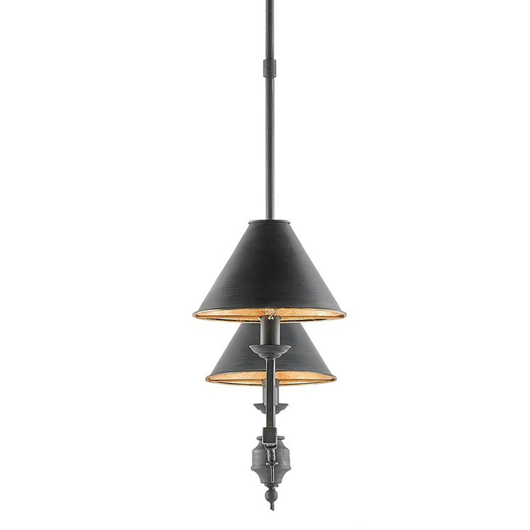 Modern lamp chandelier with a French black finish and gold leaf details inside the shades.