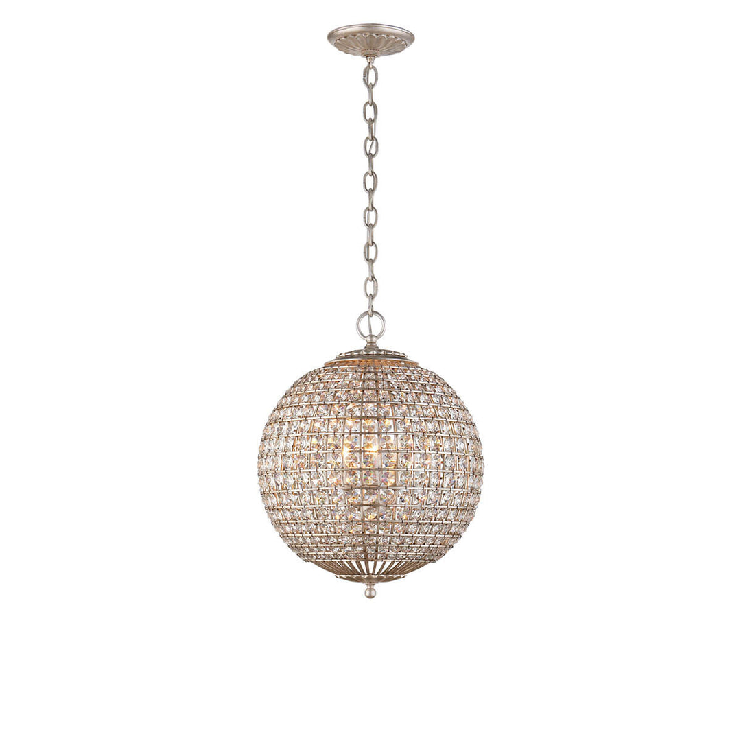 The Dover Small Sphere Chandelier is a round globe chandelier with crystal beads and burnished silver leaf chain attachment and hardware.
