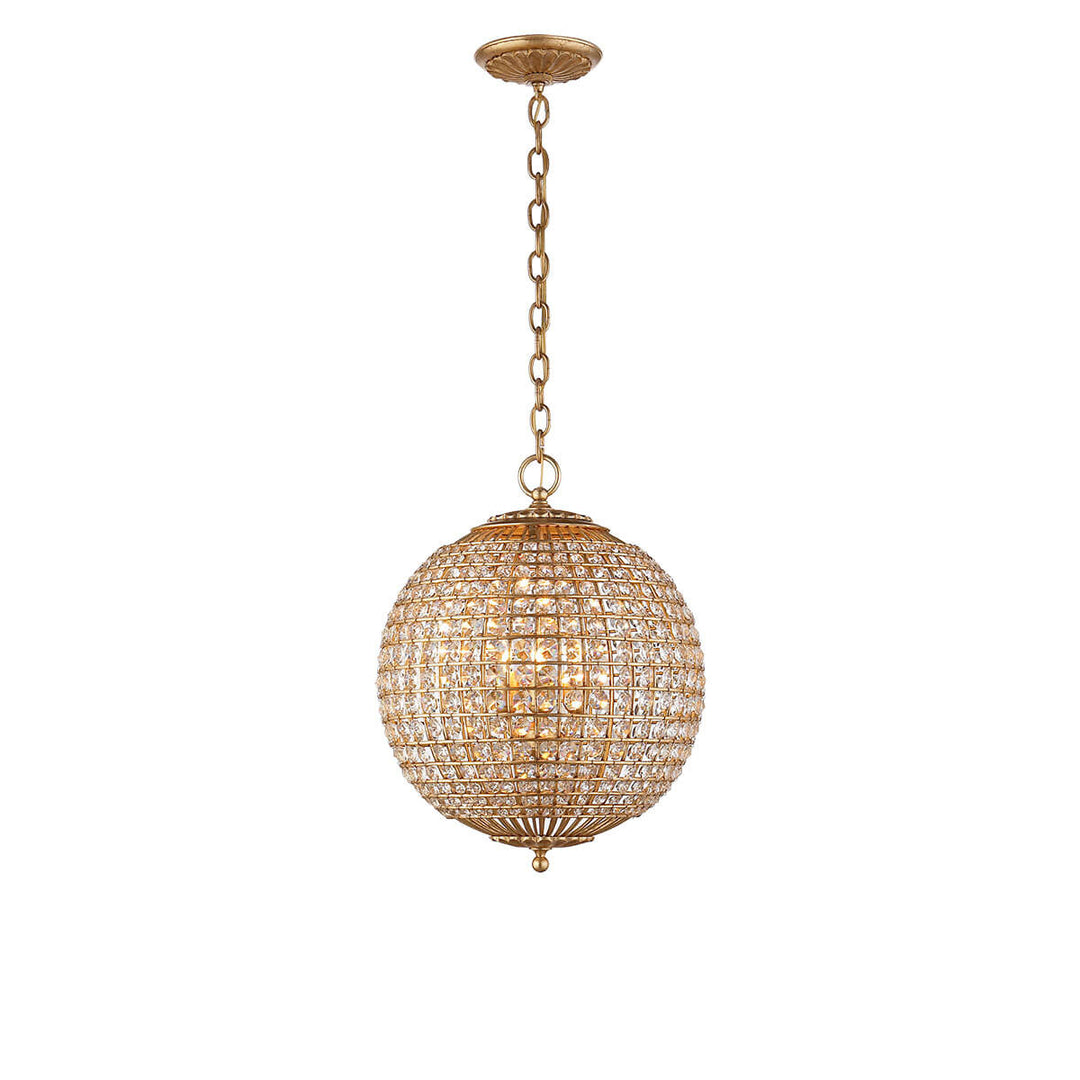 The Dover Small Sphere Chandelier is a round globe chandelier with crystal beads and gild chain attachment and hardware.