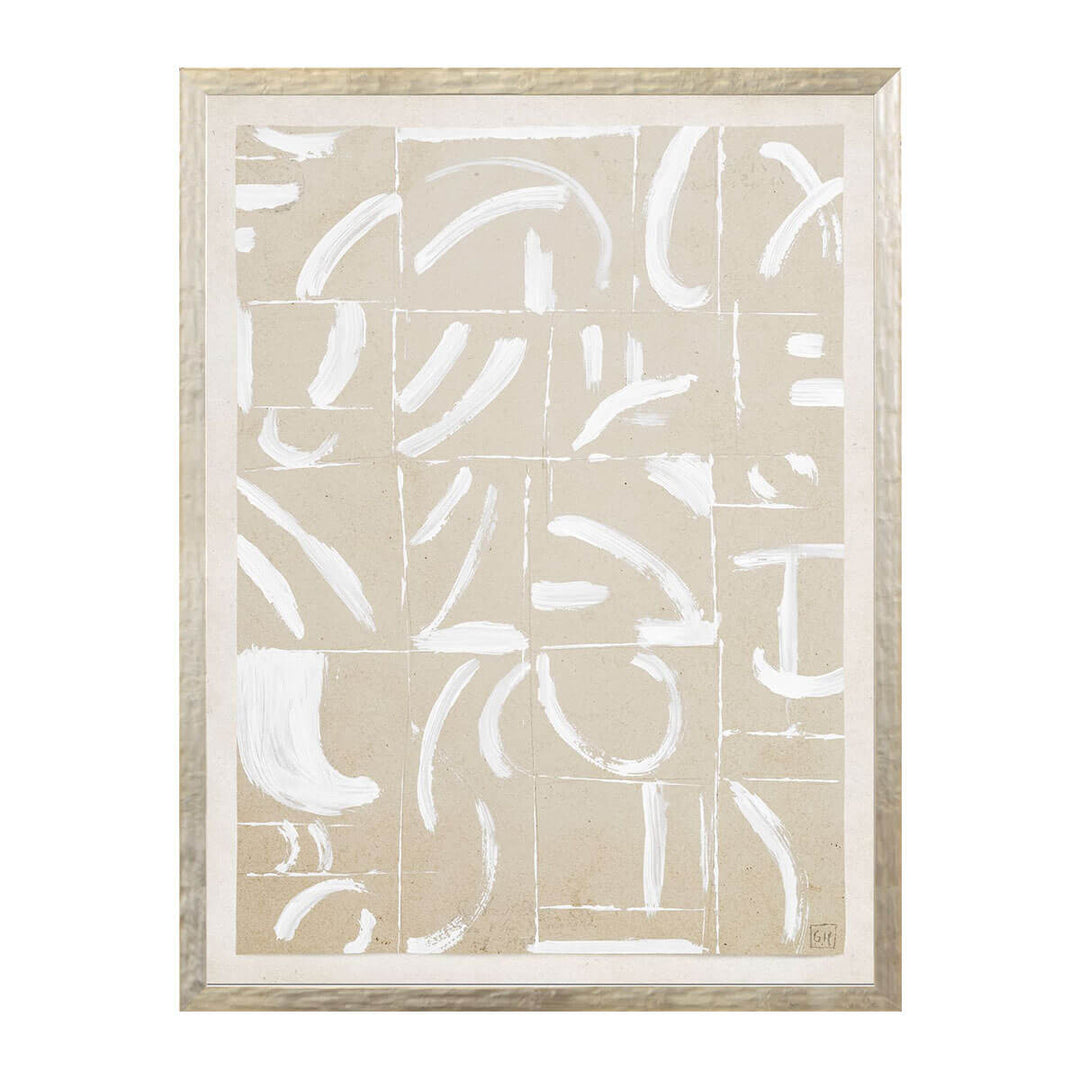 The Restoration Paper XIX is a white and tan abstract collage made from 24 small drawings collaged together.