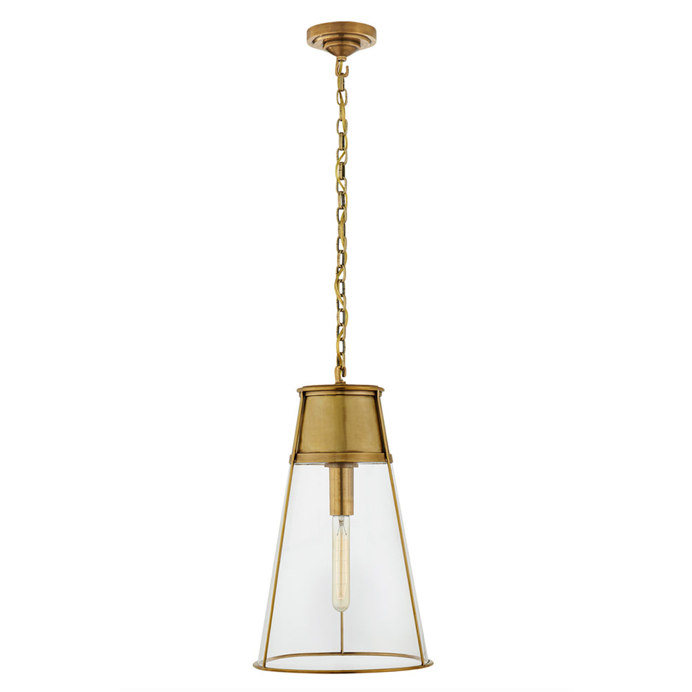 Large Robinson Pendant with Clear Glass. Hand-rubbed antique brass.