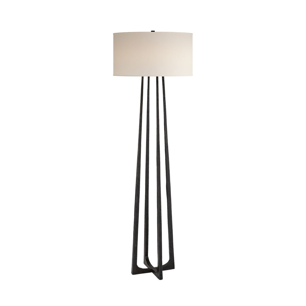 The Scala Floor Lamp has a hand-forged, iron column with an aged iron finish and a natural percale shade.