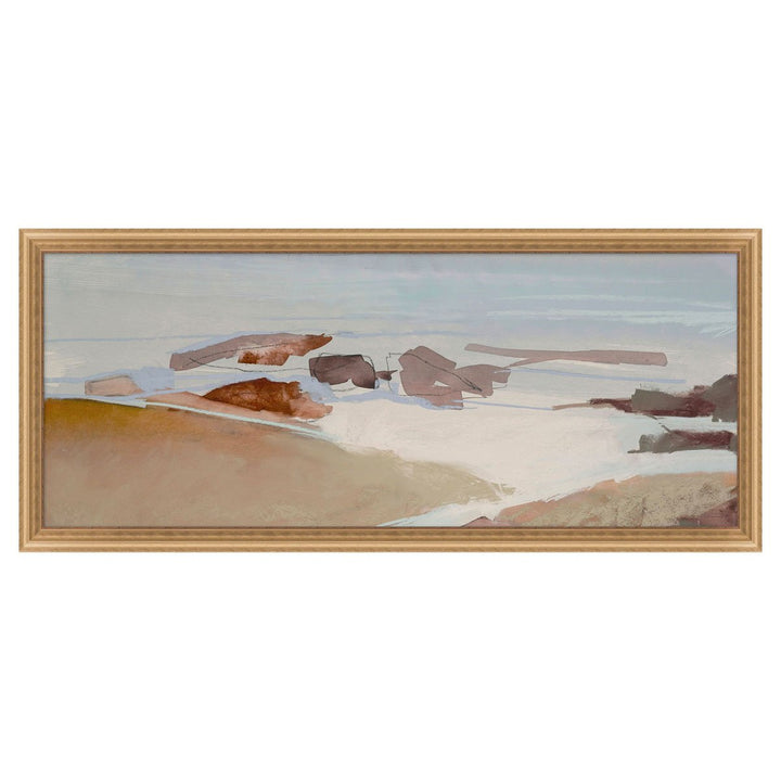 Large sized seashore painting with abstract style in a neutral palette and gold frame.