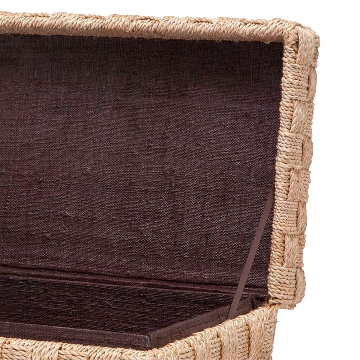 Decorative box shown open with woven abaca rope exterior.