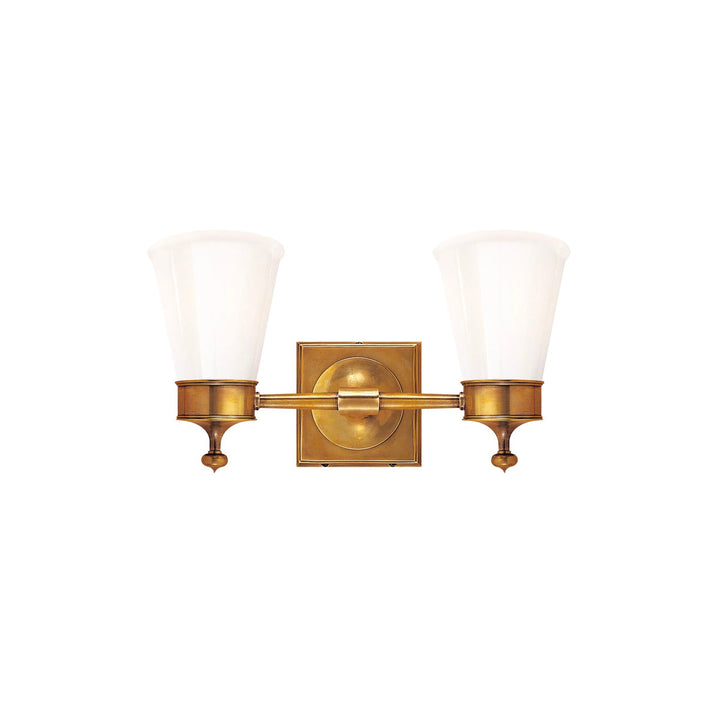  Antique Hand-rubbed brass combines classic details like finials with a white glass shade. To accent a bathroom vanity.