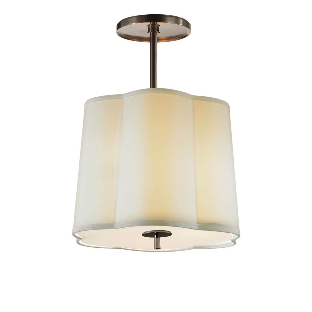 The Simple Scallop Semi-Flush Mount has a simple scalloped hanging silk lampshade with a bronze rod and hardware.