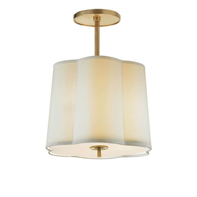 The Simple Scallop Semi-Flush Mount has a simple scalloped hanging silk lampshade with a soft brass rod and hardware.