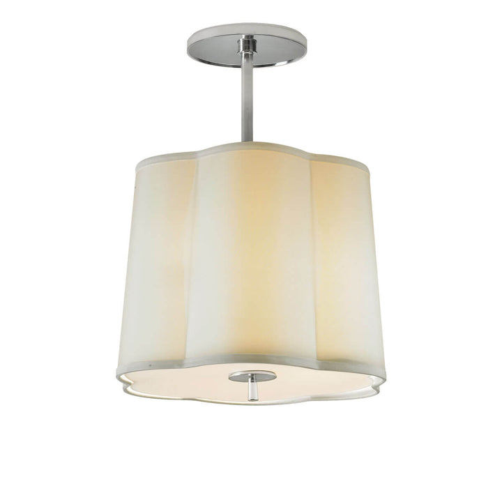 The Simple Scallop Semi-Flush Mount has a simple scalloped hanging silk lampshade with a soft silver rod and hardware.
