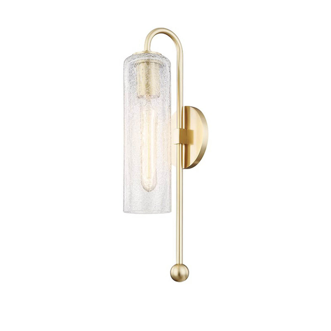 The Ravenna Wall Sconce has a crackled glass lamp shade with a hook-like stem in an aged brass finish.