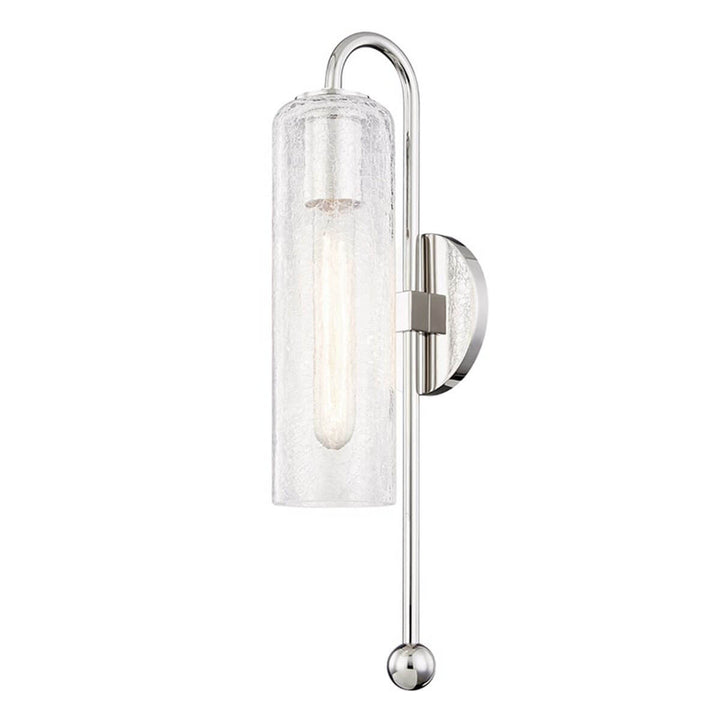 The Ravenna Wall Sconce has a crackled glass lamp shade with a hook-like stem in a polished nickel finish.