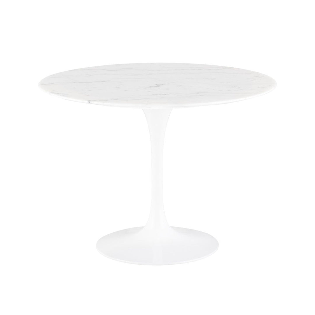 Round marble top dining table with aluminum base. Mid-century design for casual dining space.