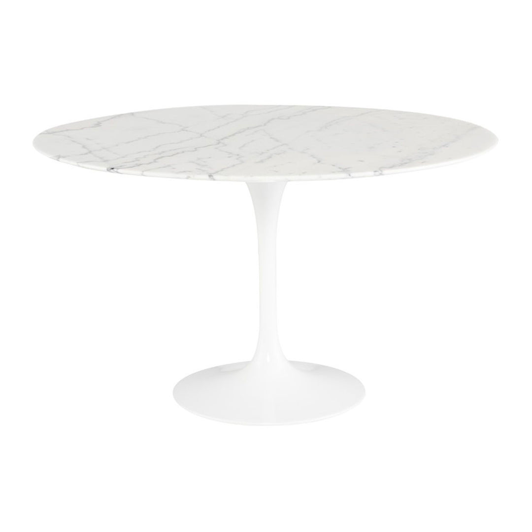 Round marble top dining table with aluminum base. Mid-century Scandinavian design for casual dining space.