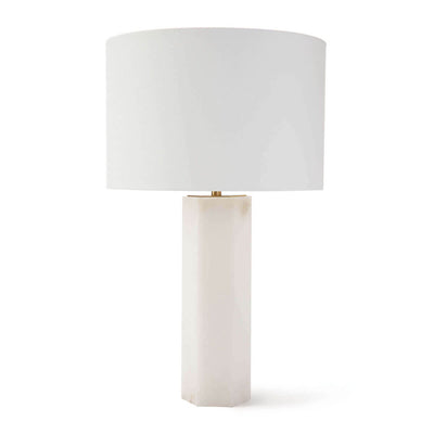 The Athena Table Lamp with a white alabaster column base and white shade.