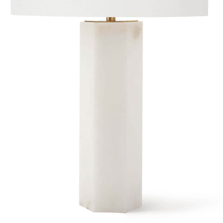 The white alabaster base of the neutral living room table lamp.