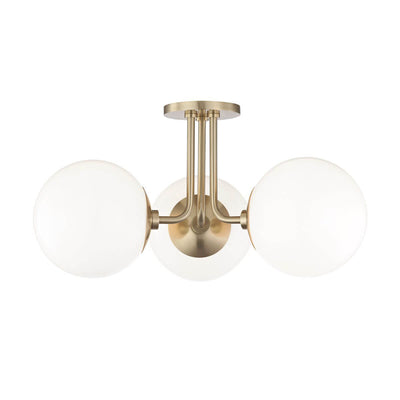 Alyeska Semi Flush. Semi flush bedroom lighting with a brass finish and milk glass globes.