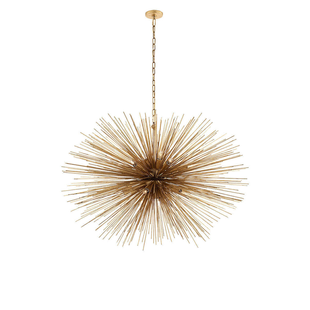 The Strada Oval Chandelier has twenty small lights hidden within the gild metal spike arms on the starburst pendant.