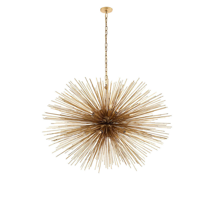 The Strada Oval Chandelier has twenty small lights hidden within the gild metal spike arms on the starburst pendant.