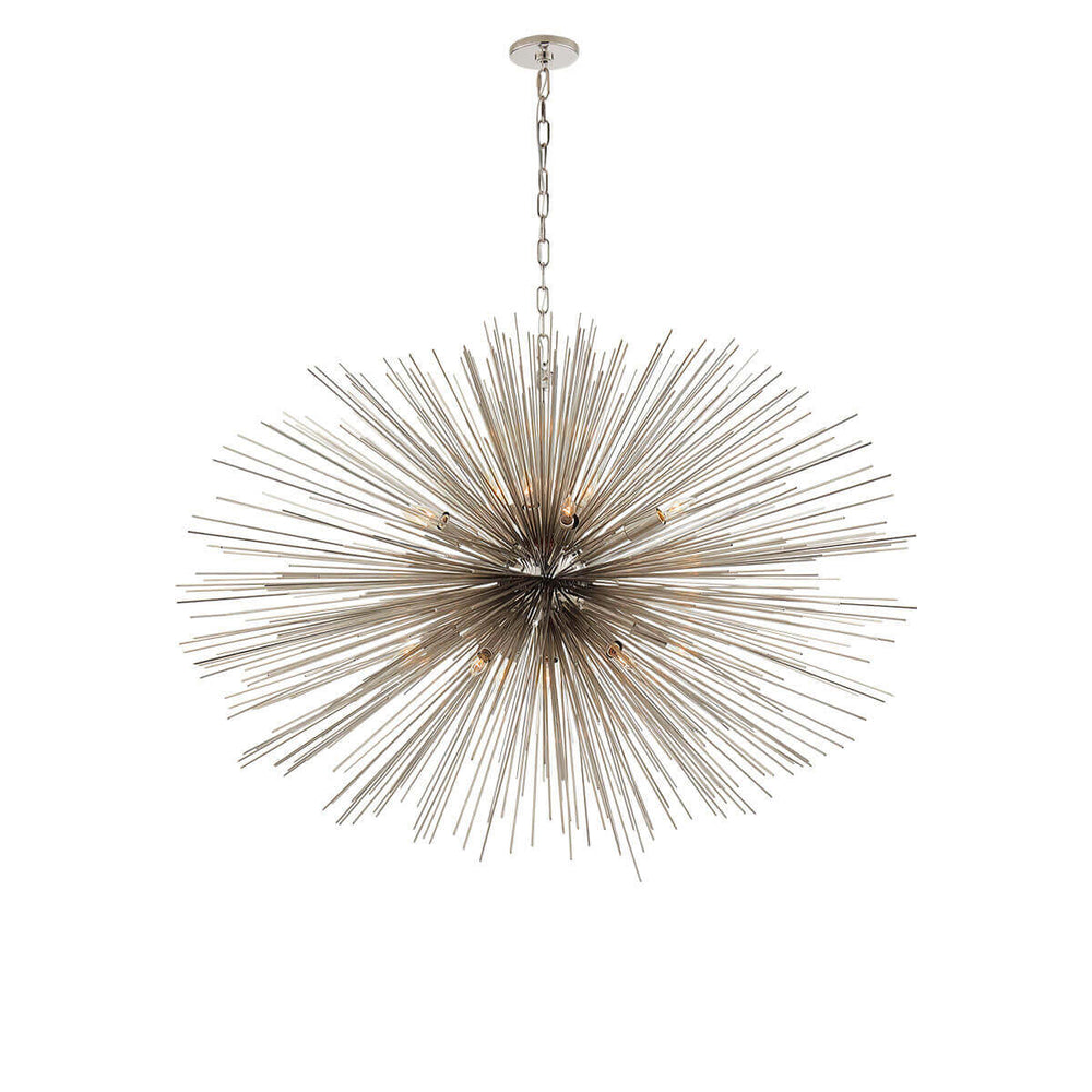The Strada Oval Chandelier has twenty small lights hidden within the polished nickel metal spike arms on the starburst pendant.