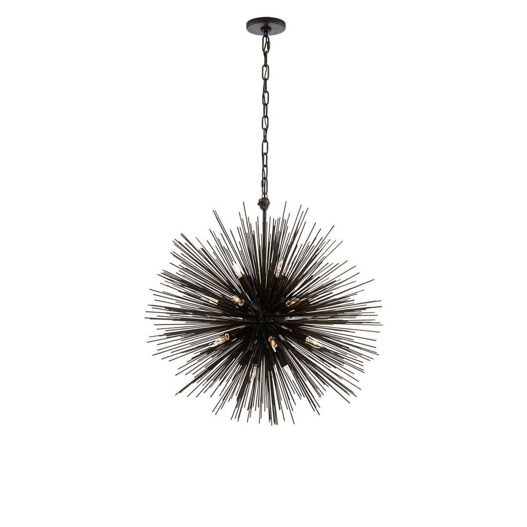 The Strada Round Chandelier has twenty small lights hidden within the aged iron metal spike arms on the round starburst pendant.