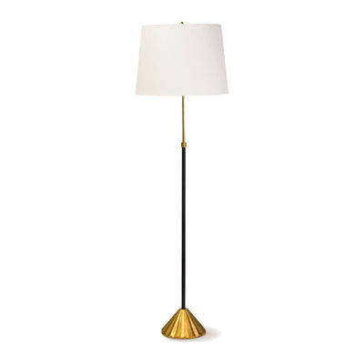 A modern floor lamp with gold leaf accents play well with the black neck and modern structured linen shade.