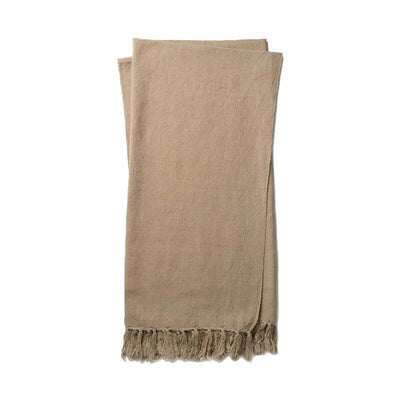 The Gobi Throw - Taupe is a simple, taupe coloured, cotton and linen blanket with a fringe edge.