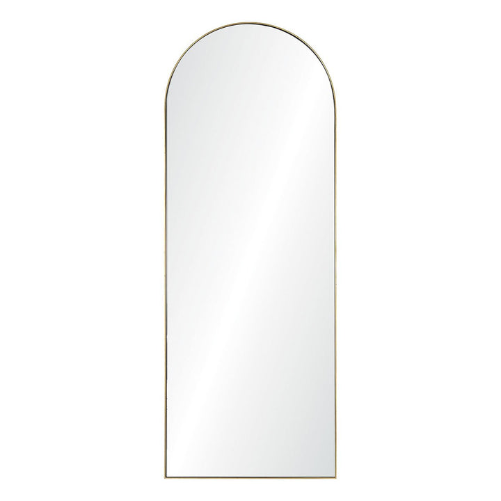 The Arch Mirror is a full length mirror with a thin, gold frame and arched top.
