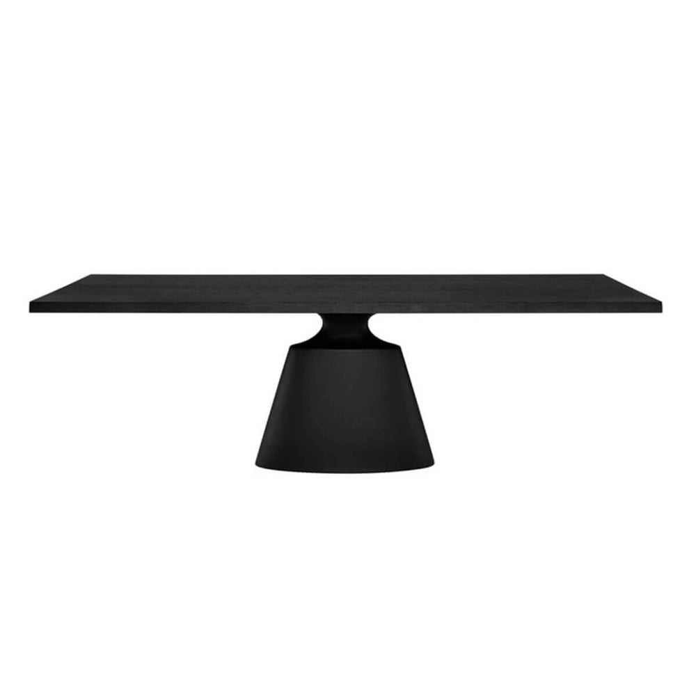 Dining table with a stand-alone architectural base and a floating top in a dark onyx tone.