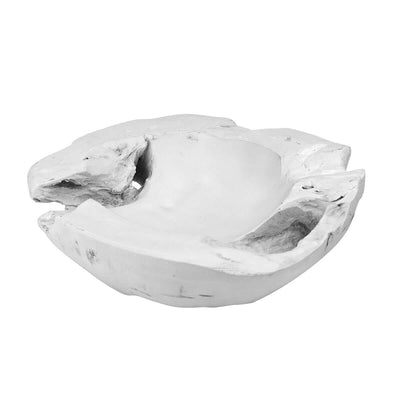 The White Teak Root Bowl is a decorative bowl made from a teak wood root with a white washed finish.