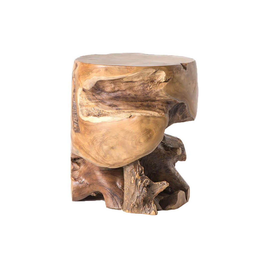 The Bali Stool is a round side table made from a natural teak root.