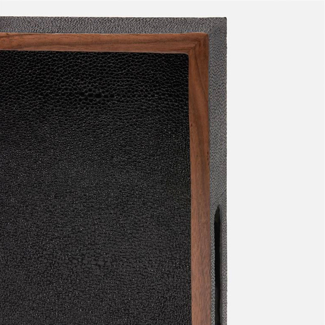 Close up view of the textural faux shagreen black leather tray with wooden frame for table top decor.
