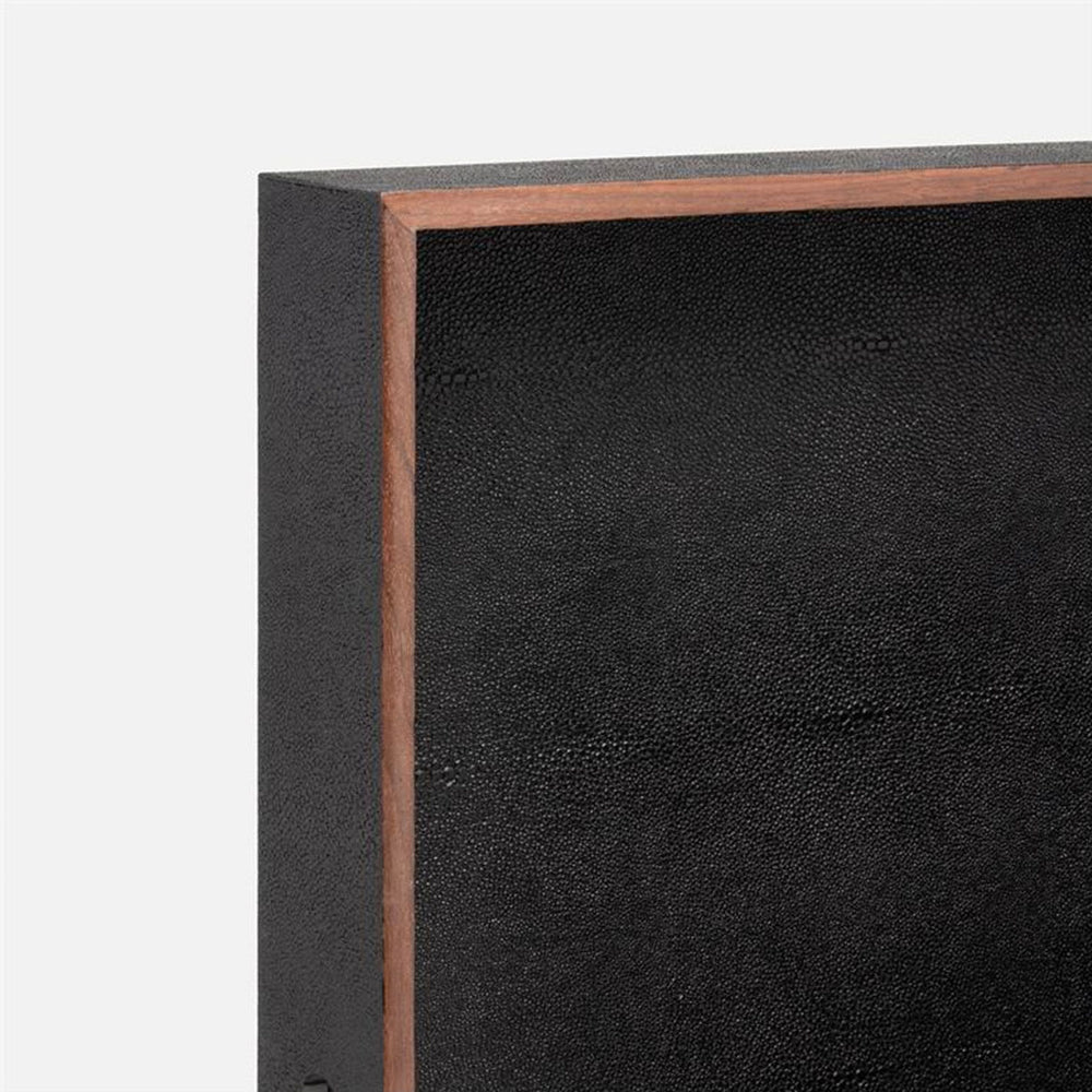 Close up of the textural faux shagreen leather lining and wooden frame trays, set of 3.