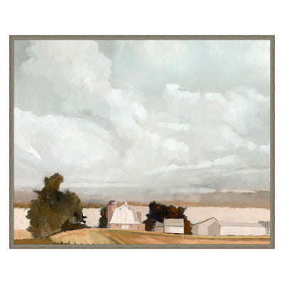 Soft, contemporary and traditional painting of a farm on the countryside.