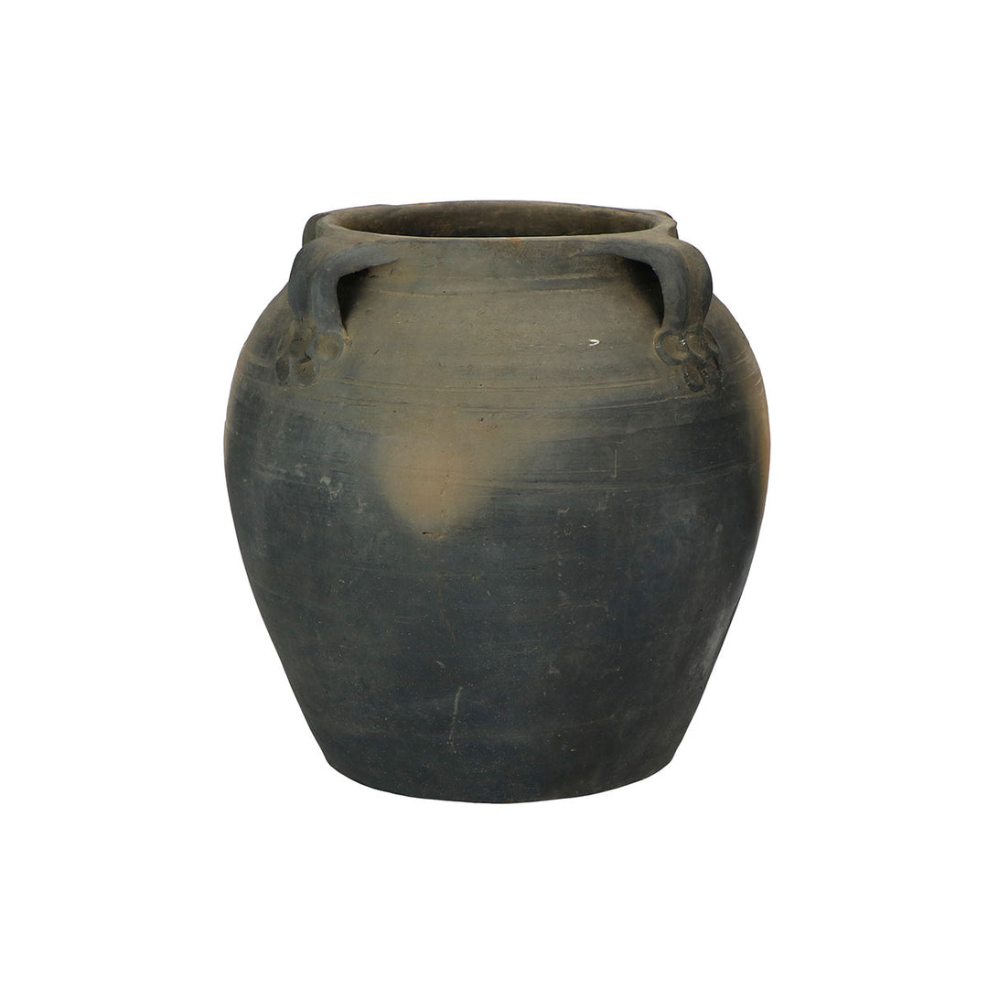 Vintage, antique, rustic, water pot with handles in a dark, blue, charcoal colour.