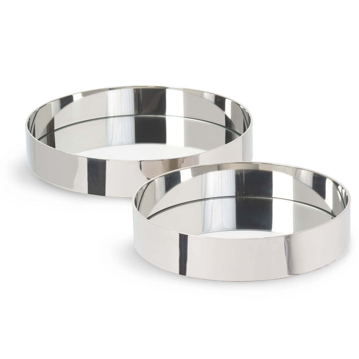 The Barcelona Tray Set is a set of two round serving trays in a polished nickel finish.