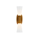 Double Wall Sconce with a gild finish. Art Deco styling. White glass shades. Bathroom vanity light.