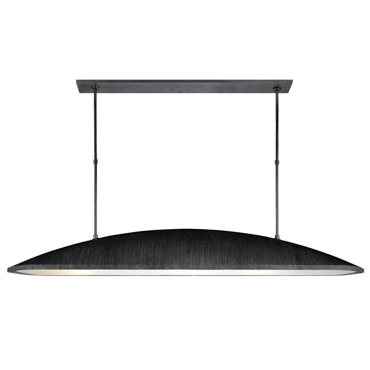 The Utopia Large Linear Pendant in the aged iron finish is a statement piece.  Picture above a dining table.