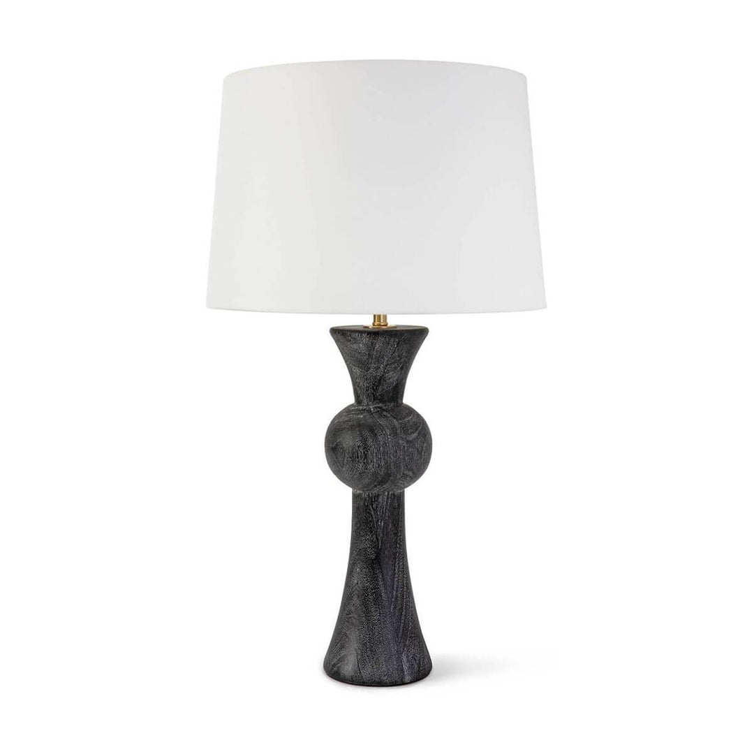 The Beck Table Lamp has a tapered, blackened wood base in a modern shape and a white lamp shade.