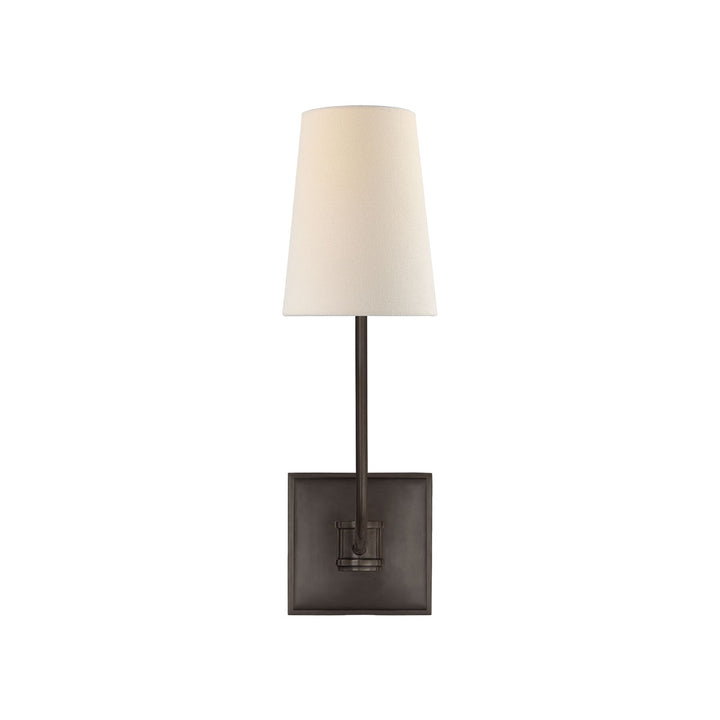 The Venini Wall Sconce is a square, bronze backplate and slightly curved arm with a single linen shade.